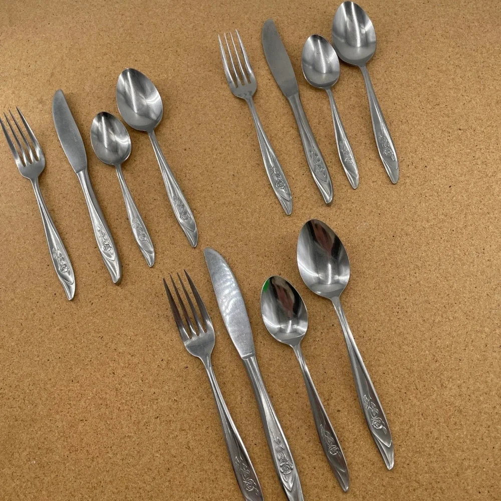 Vintage Japan Stainless Flatware Set 12pc 3 Place Settings Rose Silverware CIF6